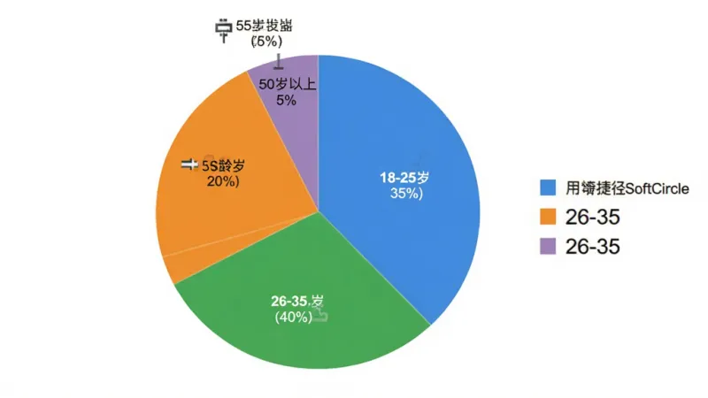 悬浮捷径SoftCircle 用户年龄分布饼状图 图表分为四个扇形区域 18-25岁占35% 26-35岁占40% 36-50岁占20% 50岁以上占5% 布局为饼图居中 图例在右侧 排版清晰 风格为现代数据可视化 细节上颜色区分明显 标注百分比 画质干净 无多余元素