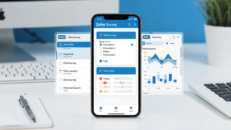 一张展示Zoho Survey移动端应用界面的场景图，画面中央是手机屏幕，屏幕上显示Zoho Survey的问卷编辑界面，包含单选题和评分题卡片，左侧是问题列表，右侧是实时数据图表，背景是简洁的办公桌面环境，风格现代扁平化，蓝白配色为主，细节清晰，画质干净无多余元素