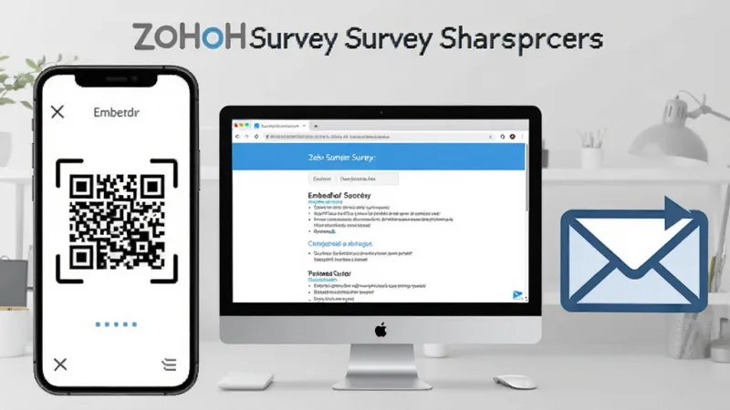 一张展示Zoho Survey问卷分享方式的组合图，画面中有手机屏幕显示二维码扫描界面、电脑屏幕显示嵌入网页的问卷、以及一个信封图标代表邮件邀请，背景是浅灰色工作台，风格简洁商务，画质清晰干净无多余元素