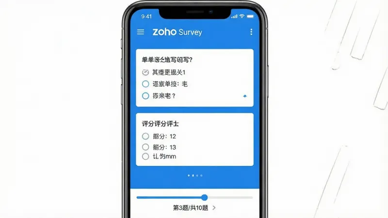一张展示Zoho Survey移动端问卷填写界面的截图风格示意图，画面中手机屏幕上显示一道单选题和一道评分题，底部有进度条显示“第3题/共10题”，界面干净清爽，蓝白配色，画质清晰无多余元素