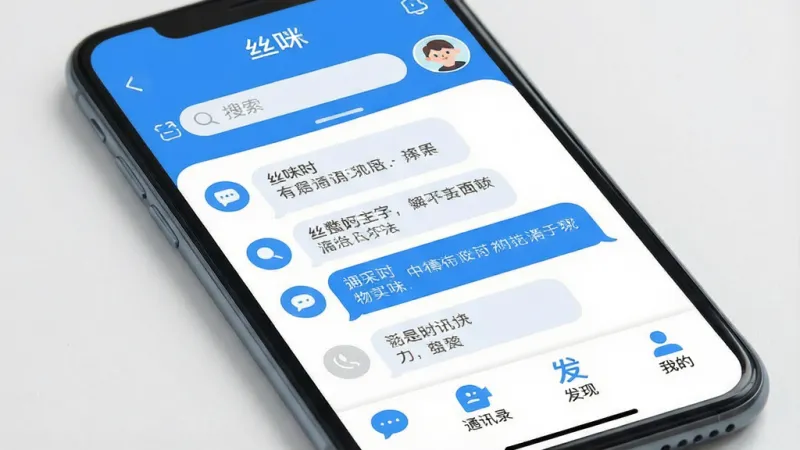 一张手机屏幕展示社交聊天软件界面的详细生图，画面中央是手机，屏幕显示「丝咪」聊天列表界面，顶部有搜索栏和用户头像，中间是几条聊天记录气泡，底部有消息、通讯录、发现、我的四个选项卡，界面以蓝白色为主色调，风格简洁现代扁平，细节圆润，画质干净清晰，无多余元素
