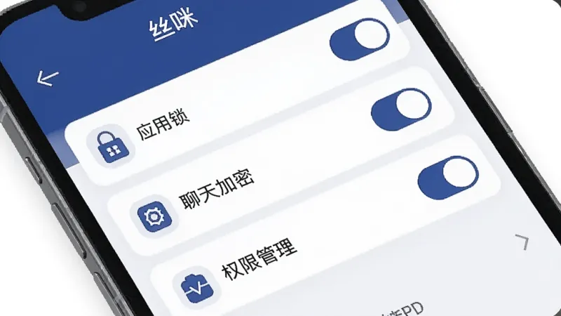 一张展示「丝咪」隐私设置界面的生图，手机屏幕显示隐私保护选项列表，包括应用锁、聊天加密、权限管理等开关按钮，界面以深蓝色和白色为主，图标简洁清晰，布局整齐，风格现代扁平，画质干净，无多余元素