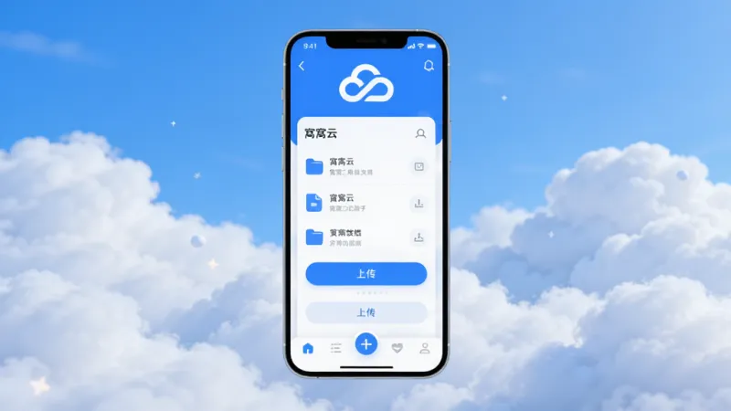 窝窝云软件主界面全貌展示，主体是一个手机屏幕悬浮在云端背景上，屏幕内显示窝窝云APP的简洁首页，布局清晰，顶部是云朵形状的窝窝云LOGO，中间是文件列表和上传按钮，底部是导航栏，风格现代扁平化，蓝白配色，细节圆润，画质干净清晰，无多余元素