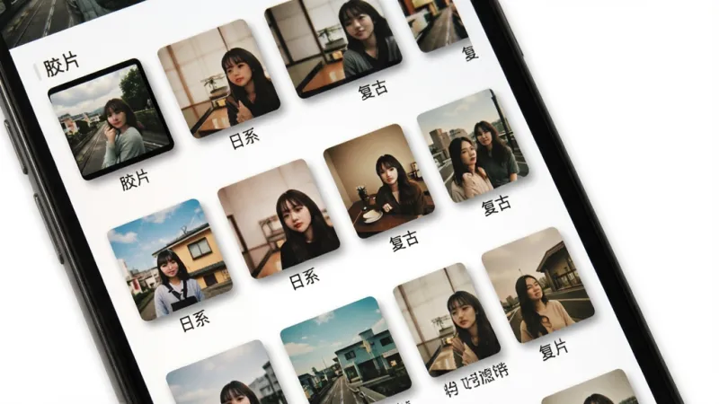 一张展示悦镜App滤镜库界面的图片，主体是手机屏幕特写，屏幕上显示着悦镜App的滤镜选择页面，页面以网格形式排列着多个不同风格的滤镜预览图，包括“胶片”、“日系”、“复古”等标签分类，每个预览图都展现了不同的色调风格，布局整齐有序，风格清新文艺，细节上每个滤镜图标都带有轻微的阴影效果，背景为纯白色，画质清晰，干净，无多余元素