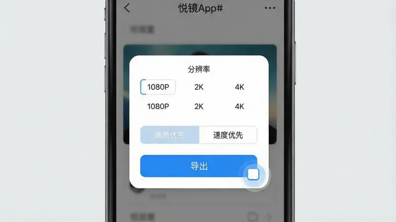 一张展示悦镜App导出设置界面的图片，主体是手机屏幕，屏幕上显示着导出参数选择弹窗，可以看到分辨率选项有“1080P”、“2K”、“4K”等，下方有画质优先和速度优先的切换按钮，以及一个醒目的“导出”按钮，界面布局简洁明了，风格现代扁平，细节上按钮带有轻微的点击动效，背景为浅灰色，画质清晰，干净，无多余元素