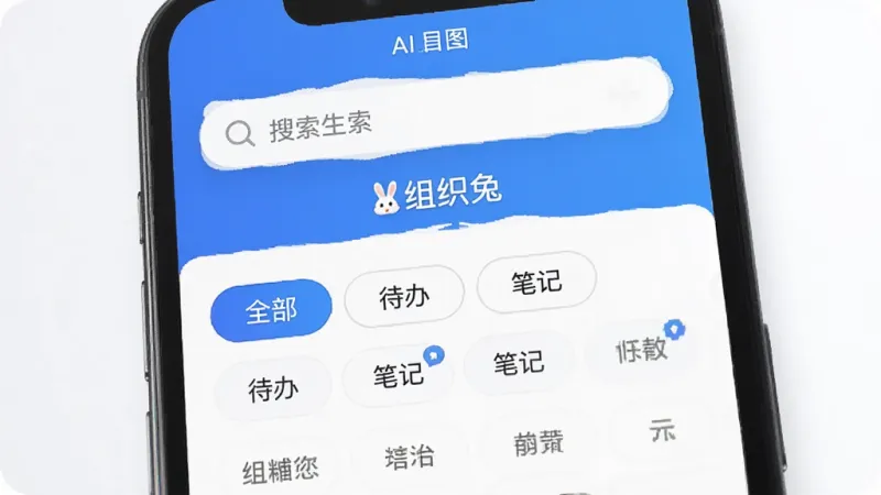 AI生图，画面展示“组织兔”应用中的搜索与标签筛选功能界面，手机屏幕上方为搜索框，下方显示多个标签按钮，如“全部”“待办”“笔记”等中文标签，界面配色为蓝白相间，布局清晰，风格简约现代，画质干净无多余元素，屏幕中带有“组织兔”文字