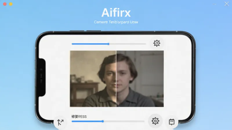 AIfirx软件主界面展示，主体是一个简洁的手机屏幕，屏幕中央显示一张模糊的老照片正在被AI修复，左右对比效果明显，布局上方是软件名称“AIfirx”和一行小字标语，背景为浅蓝色渐变，风格现代扁平化，细节包含修复进度条和功能图标，画质清晰，干净无多余元素