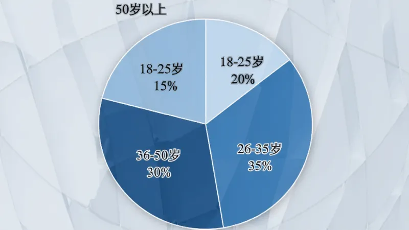 AIfirx用户年龄分布饼状图，主体是一个圆形饼图分为四个扇形区域，分别标注18-25岁20%、26-35岁35%、36-50岁30%、50岁以上15%，布局居中，风格简洁商务，细节包含不同深浅的蓝色系填充和百分比标签，画质清晰，无多余元素