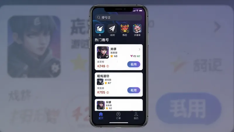 租号汪软件主界面全貌展示，画面中央是手机屏幕，屏幕内显示租号汪应用首页，顶部有搜索栏和游戏分类图标，中间是热门账号推荐列表，每个卡片上有游戏名称、段位、价格和租用按钮，底部为首页、订单、我的三个导航标签，整体采用深色电竞风格配色，蓝紫渐变点缀，界面干净无广告弹窗，文字清晰可读，画质高清，无多余杂乱元素