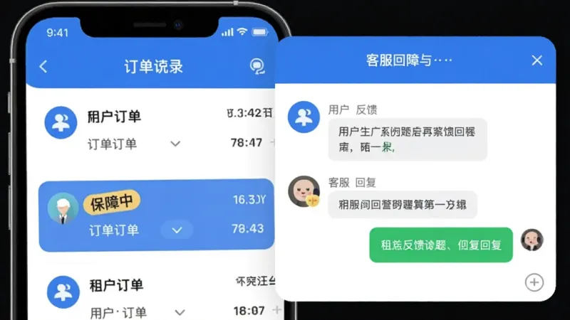 租号汪订单保障与客服界面，手机屏幕显示订单记录列表，其中一条订单标注保障中标签，旁边有客服对话框弹窗，对话框内显示用户反馈问题和客服回复内容，整体风格扁平化，蓝白配色为主，图标圆润，文字清晰，画质干净，无杂乱广告元素