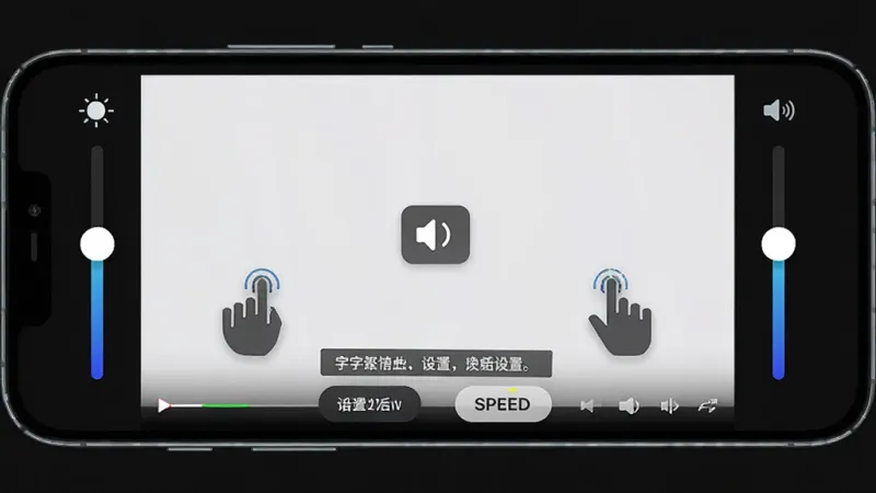 手机横屏播放视频的界面,屏幕左侧显示亮度调节滑块,右侧显示音量调节滑块,底部有字幕设置和倍速按钮,画面主体是播放界面和手势指示图标,布局对称,排版清晰,风格科技感,细节丰富,画质干净无多余元素,背景为深色