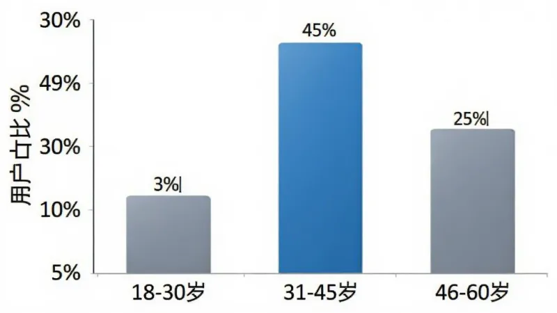 一张柱状图,横轴标注年龄段“18-30岁”“31-45岁”“46-60岁”,纵轴标注用户占比百分比,柱状图显示31-45岁占比最高约45%,18-30岁约30%,46-60岁约25%,图表风格简洁,配色以蓝色和灰色为主,背景干净,数据标签清晰可见,无多余元素