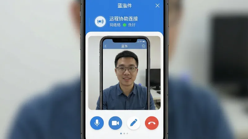 一张展示蓝泓软件核心功能的手机应用界面截图，画面中央是蓝泓的远程协助连接成功界面，上方显示已连接设备名称和网络状态良好，中间是对方手机屏幕的实时镜像画面，画面清晰流畅，下方有麦克风、摄像头、画笔标注、挂断等简洁功能按钮，整体UI以蓝白色为主色调，风格现代扁平，图标圆润，画质干净清晰，无多余元素。