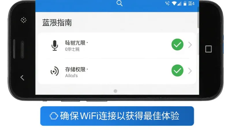 一张展示蓝泓使用指南的示意图，画面中一部安卓手机显示蓝泓的权限设置界面，麦克风和存储权限旁边有绿色对勾标记，界面下方有提示文字框写着确保WiFi连接以获得最佳体验，整体风格简洁明了，蓝白色调，画质清晰。