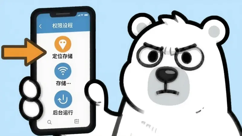 卡通北极熊拿着手机,手机屏幕上显示着权限设置界面,旁边有箭头指向
