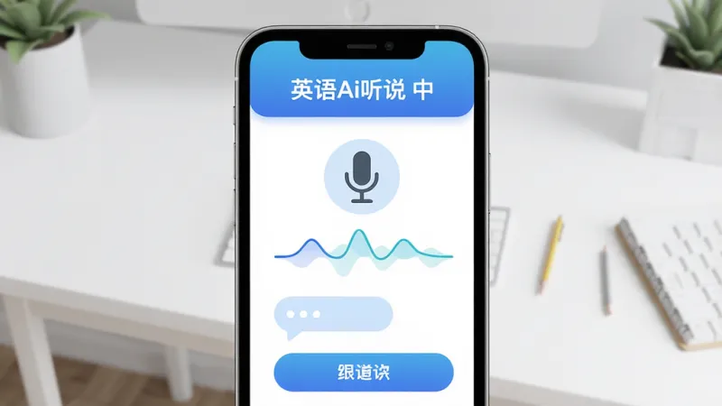 英语Ai听说 手机应用界面 主体是一个打开的手机屏幕显示英语口语练习界面 上方有蓝色渐变标题栏写着英语Ai听说 中间是麦克风图标和发音评分波形图 下方有对话气泡和跟读按钮 背景是干净的书桌场景 风格现代扁平 细节圆润 画质清晰 干净 无多余元素