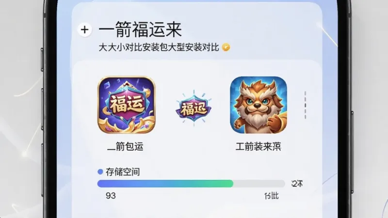 一张手机屏幕截图,显示“一箭福运来”的安装包大小对比其他大型游戏,突出其小巧的体积,画面风格简洁现代,有手机存储空间的进度条,画质干净无多余元素