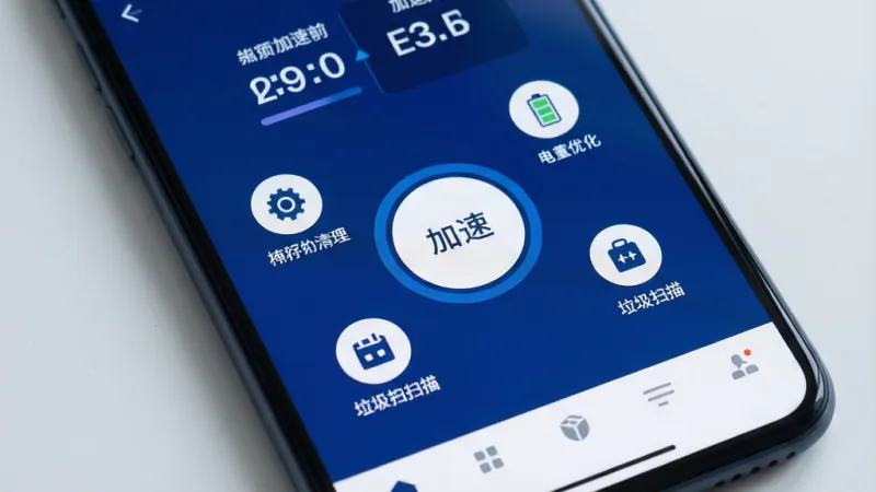 一张手机屏幕特写图，画面中央是Booster应用的界面，界面以深蓝色和白色为主色调，顶部显示手机加速前后的对比数字，中间有一个醒目的圆形加速按钮，按钮周围环绕着内存清理、电池优化、后台管理、垃圾扫描四个功能图标，底部是简洁的导航栏，整体风格现代扁平，手机背景是干净的浅灰色桌面，画面清晰明亮，无多余元素