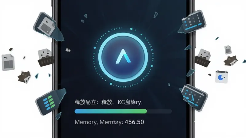 一张手机界面截图，展示Booster应用的一键加速功能界面，画面中央是一个发光的圆形加速按钮，按钮下方显示正在清理的进度条和已释放的内存数值，背景是深色渐变，四周漂浮着代表垃圾文件和后台进程的图标碎片，整体风格科技感十足，画面干净整洁，文字清晰可读