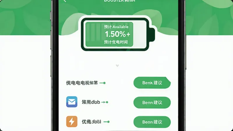 一张展示Booster电池优化功能的手机界面图，画面中央是一个电池形状的图标，电池内部显示电量百分比和预计可用时间，电池下方列出耗电应用排行和对应的优化建议按钮，整体色调为绿色和白色，风格清新自然，布局规整，画面干净无杂乱元素