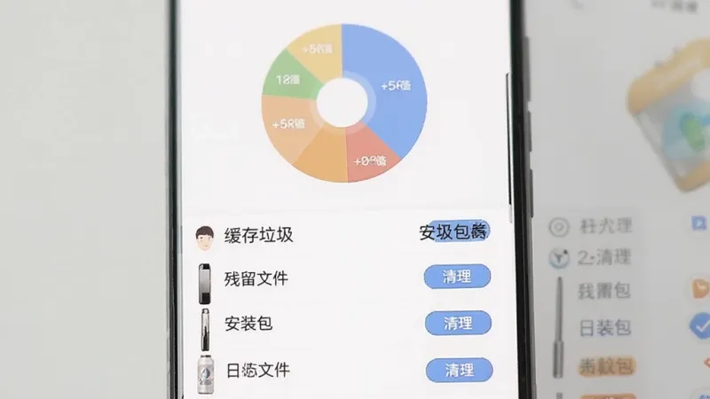 一张手机屏幕截图，展示Booster垃圾清理界面，界面以饼状图形式展示不同类型垃圾文件的占比，下方列出缓存垃圾、残留文件、安装包、日志文件等分类及对应大小，每个分类右侧有清理按钮，整体设计简洁明了，色彩柔和，背景干净，文字清晰