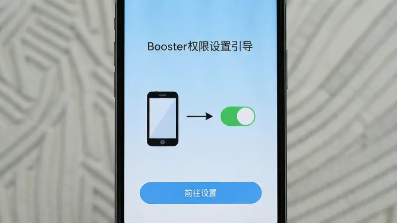 一张手机屏幕展示Booster权限设置引导页面的图片，画面中有一个手机图标和一个权限开关图标，中间用箭头连接，下方有“前往设置”的按钮，整体风格简洁明了，背景为浅蓝色渐变，文字清晰，布局居中，无多余元素