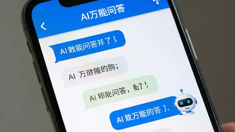 AI万能问答 对话界面特写 手机屏幕显示连续对话气泡 用户提问和AI回复交替排列 右侧有机器人头像 界面简洁 蓝白配色 顶部有AI万能问答文字 画质干净 无多余元素