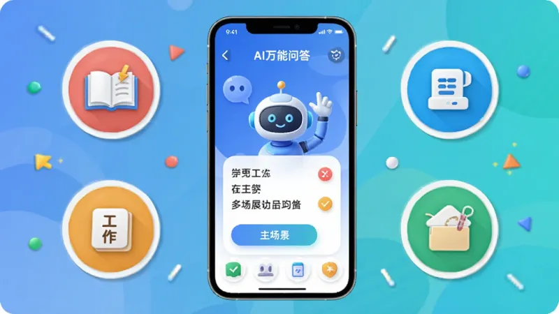 AI万能问答 多场景功能展示图 手机屏幕周围环绕学习图标工作图标生活图标 中间是AI万能问答主界面 风格活泼 色彩明快 排版清晰 画质干净 无多余元素