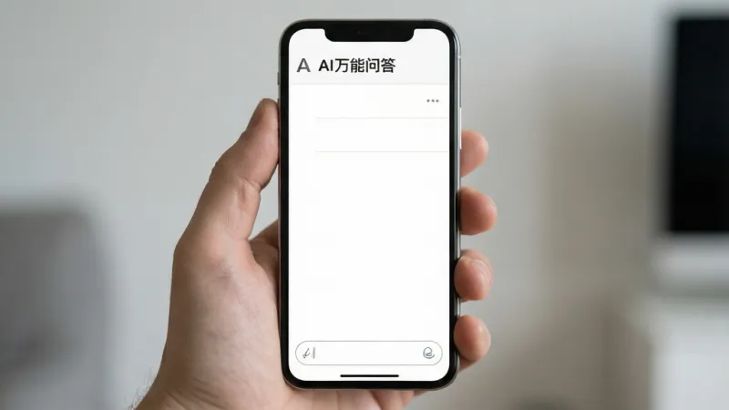 AI万能问答 清爽界面展示 手机屏幕显示纯白背景对话列表 无任何广告横幅 顶部有AI万能问答标题 底部输入框简洁 风格极简 画质干净 无多余元素