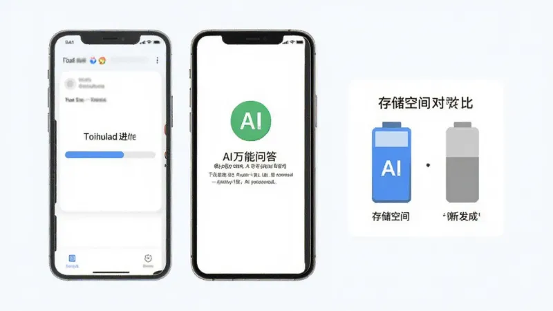 AI万能问答 轻量安装示意图 手机屏幕显示下载进度条和安装完成界面 旁边有存储空间对比图标 风格简约 蓝白配色 画质干净 无多余元素