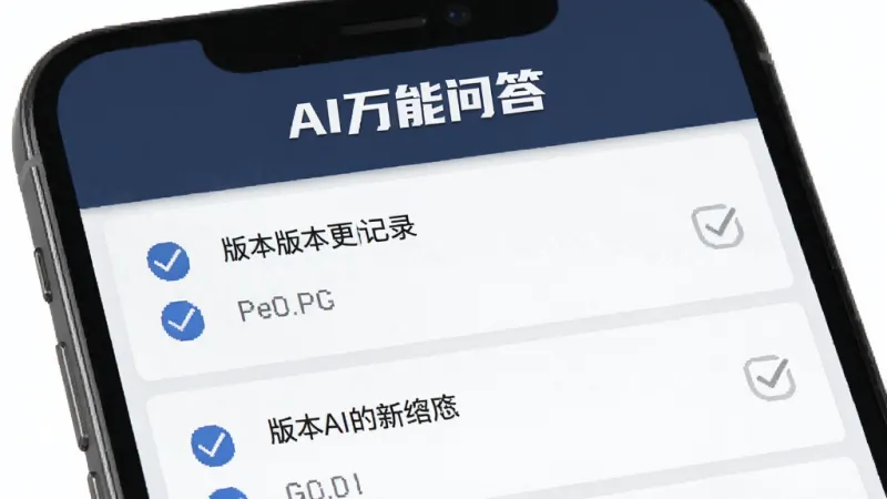 AI万能问答 版本更新记录界面 手机屏幕显示更新日志列表 每条记录前有对勾图标 顶部有AI万能问答文字 风格商务简洁 画质干净 无多余元素