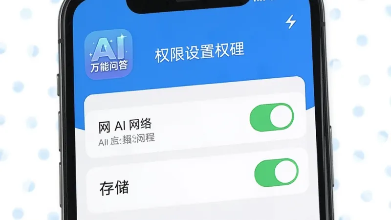 AI万能问答 权限设置界面 手机屏幕显示应用权限管理页面 网络权限和存储权限开关处于开启状态 顶部有AI万能问答图标 风格清晰 蓝白配色 画质干净 无多余元素