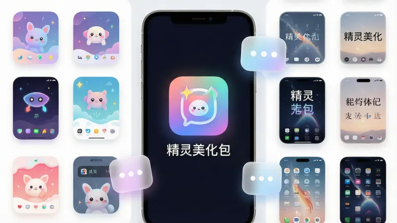 一张手机屏幕展示界面,画面中央是“精灵美化包”的APP图标和名称,周围环绕着各种精美的主题图标、字体样式、壁纸缩略图,布局清晰有序,排版采用网格与悬浮元素结合,风格为现代扁平化设计,细节圆润图标带有微光特效,画质高清干净,无多余元素