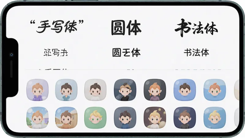 手机屏幕展示精灵美化包的字体与图标设置页面,上半部分是字体预览列表,下半部分是图标包网格,布局上下分区明确,排版清晰,风格为清爽工具风,细节上字体名称用引号标出“手写体”“圆体”“书法体”,图标圆润精致,画质高清,无多余装饰