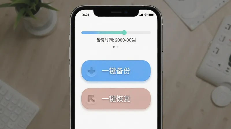 手机界面展示精灵美化包的备份与恢复功能,画面中央是“一键备份”和“一键恢复”两个大按钮,上方有进度条和备份时间记录,布局对称,排版简洁,风格为工具类应用常见的清爽设计,细节上按钮有按压质感,画质干净,无多余元素