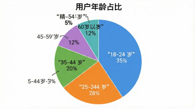 一张饼状图展示精灵美化包用户年龄分布,图表标题为“用户年龄占比”,饼图分为五个扇区分别标注“18-24岁 35%”“25-34岁 28%”“35-44岁 20%”“45-59岁 12%”“60岁以上 5%”,布局居中,排版清晰,风格为扁平化数据可视化,细节上扇区颜色区分明显,标注文字用引号括起,画质高清,无多余装饰