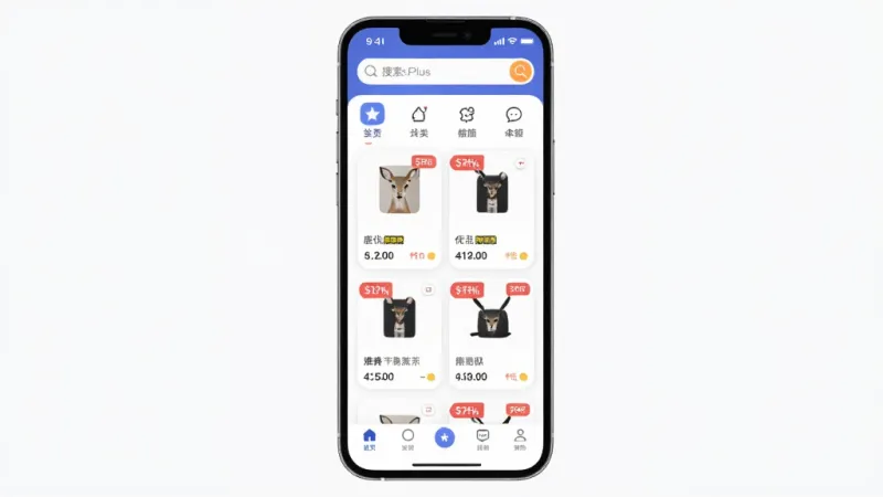 鹿优选Plus 应用主界面展示，主体为手机屏幕中显示购物优惠券聚合页面，布局顶部为搜索框和分类图标，中间是商品列表带折扣标签，底部为导航栏，排版简洁清晰，风格现代扁平化，细节上采用圆角卡片和柔和阴影，画质干净无多余元素