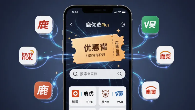 鹿优选Plus 优惠聚合功能界面，主体为手机屏幕显示多个电商平台图标环绕着优惠券图形，布局中心突出搜索框，排版左右分栏展示不同平台入口，风格科技感与亲和力结合，细节上图标色彩鲜明、连接线条流畅，画质干净无多余元素