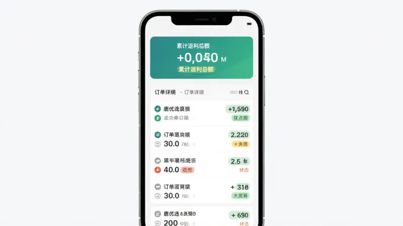 鹿优选Plus 返利明细页面，主体为手机屏幕展示账单列表，布局顶部为累计返利总额卡片，中间是逐笔订单明细，排版纵向列表清晰易读，风格简洁商务，细节上数字突出、状态标签颜色区分明显，画质干净无多余元素