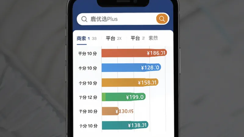 鹿优选Plus 比价搜索界面，主体为手机屏幕显示商品价格对比图表，布局顶部为搜索栏，中间是不同平台价格横向柱状图，排版一目了然，风格数据可视化，细节上价格标签清晰、颜色区分平台，画质干净无多余元素