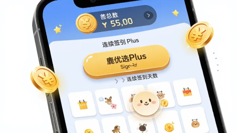 鹿优选Plus 签到页面，主体为手机屏幕显示日历签到网格和金币动画，布局顶部为金币总数展示，中间是签到按钮和连续签到天数，排版活泼有趣，风格轻松可爱，细节上金币有光泽感、签到按钮有按压效果，画质干净无多余元素