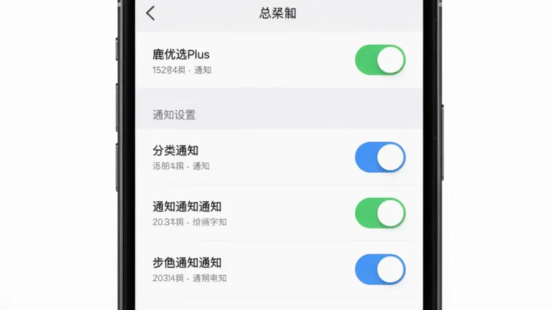 鹿优选Plus 通知设置界面，主体为手机屏幕显示通知开关列表，布局顶部为总开关，中间是分类通知选项带开关按钮，排版整齐规范，风格极简设置页，细节上开关状态颜色区分明显、文字标签简洁，画质干净无多余元素