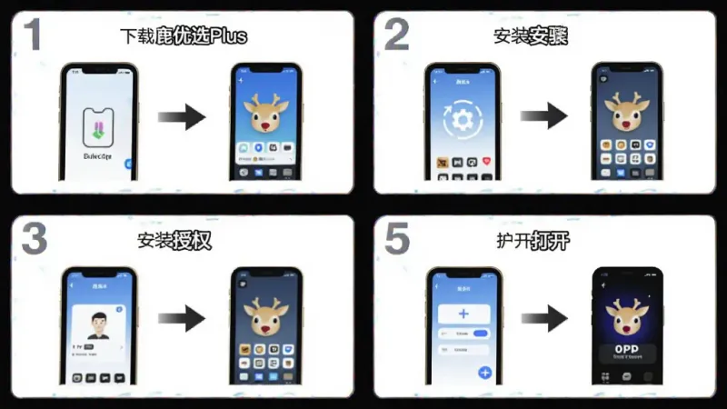 鹿优选Plus 安装步骤示意图，主体为手机屏幕展示从下载到打开App的流程，布局四格分步展示，排版从上到下依次为下载、安装、授权、打开，风格教程图解，细节上每步有数字标注和箭头引导，画质干净无多余元素