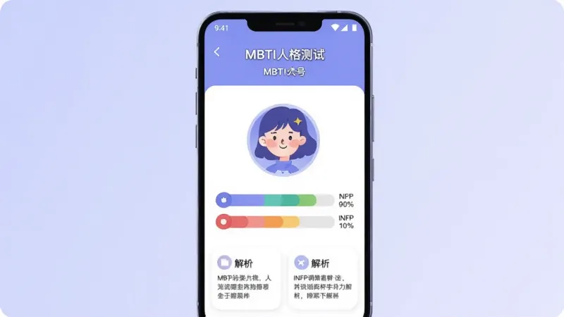MBTI助手 应用界面展示,主体为一部竖屏安卓手机,屏幕上显示MBTI人格测试结果页面,包含四个维度的百分比条形图和INFP调停者人格的插画头像,布局清晰,上方是人格类型名称和编号,中间是彩色倾向条,下方是简短解析卡片,风格现代扁平化,配色以柔和的蓝紫色和白色为主,细节圆润,画质干净,无多余元素