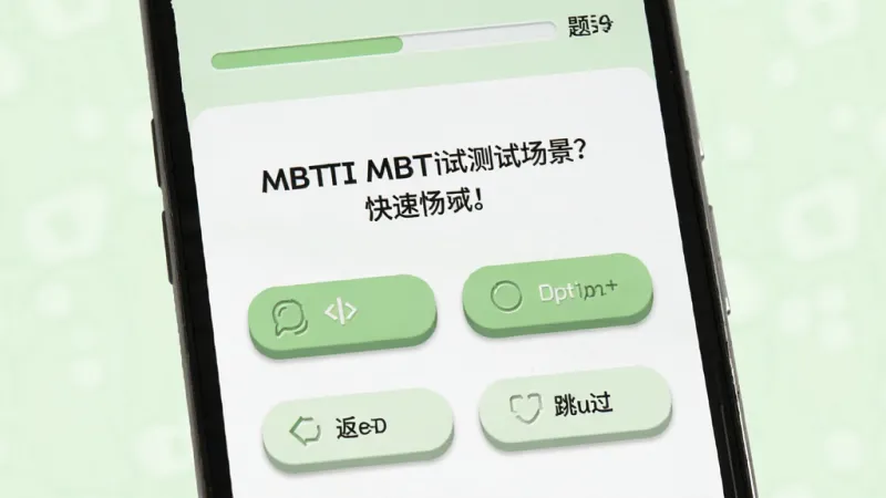 MBTI助手 快速测试场景,主体为安卓手机屏幕显示MBTI测试题目界面,布局上方是进度条和题号,中间是题目文字和两个选项按钮,下方是返回和跳过按钮,风格简约清新,配色为浅绿色和白色,细节按钮有轻微立体感,画质干净,无多余元素