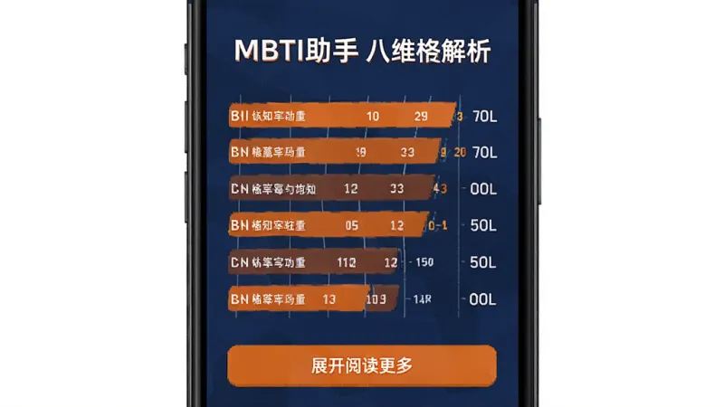 MBTI助手 八维解析页面,主体为手机屏幕显示认知功能排序图,布局上方是人格类型标题,中间是八个认知功能的横向条形图,每个条旁边有简短的文字说明,下方是展开阅读更多按钮,风格信息图表化,配色为橙色和深蓝色对比,细节数字清晰,画质干净,无多余元素