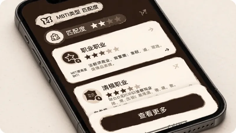 MBTI助手 职业建议界面,主体为手机屏幕显示职业推荐列表,布局上方是人格类型和匹配度标签,中间是职业卡片列表,每张卡片有职业名称、匹配星级和简短说明,下方是查看更多按钮,风格卡片式设计,配色为米白色和深棕色,细节图标精致,画质干净,无多余元素
