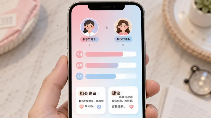 MBTI助手 合拍分析页面,主体为手机屏幕显示两个人格类型的对比图,布局上方是两个人物头像和类型标签,中间是沟通、决策、压力三个维度的对比条,下方是相处建议文字卡片,风格柔和友好,配色为粉色和浅蓝色渐变,细节图标圆润,画质干净,无多余元素