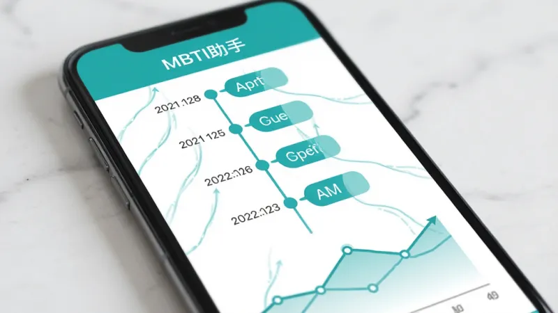 MBTI助手 历史记录页面,主体为手机屏幕显示时间轴列表,布局上方是标题栏,中间是垂直时间线,每个节点显示日期和人格类型缩写,下方是趋势折线图,风格数据可视化,配色为青绿色和白色,细节线条流畅,画质干净,无多余元素