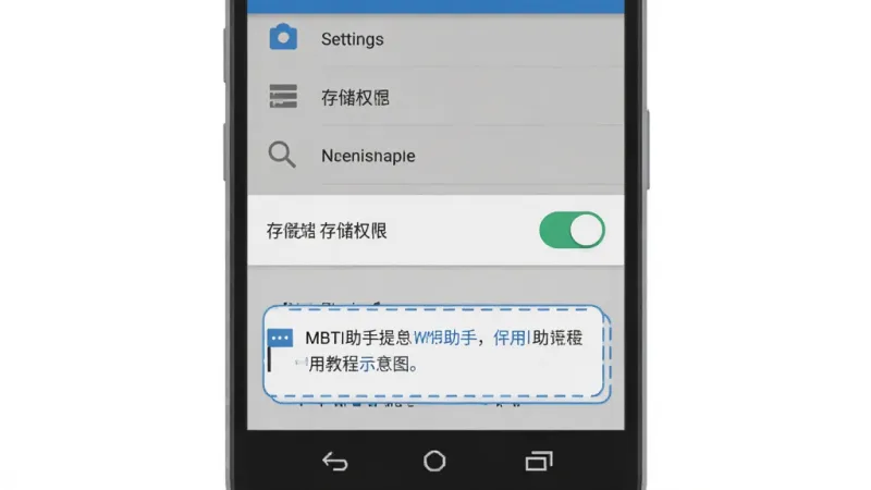 MBTI助手 使用教程示意图,主体为安卓手机屏幕显示权限设置页面,布局上方是设置菜单列表,中间是存储权限开关处于开启状态,下方是提示文字框,风格扁平化教程插图,配色为灰色和蓝色,细节图标清晰,画质干净,无多余元素